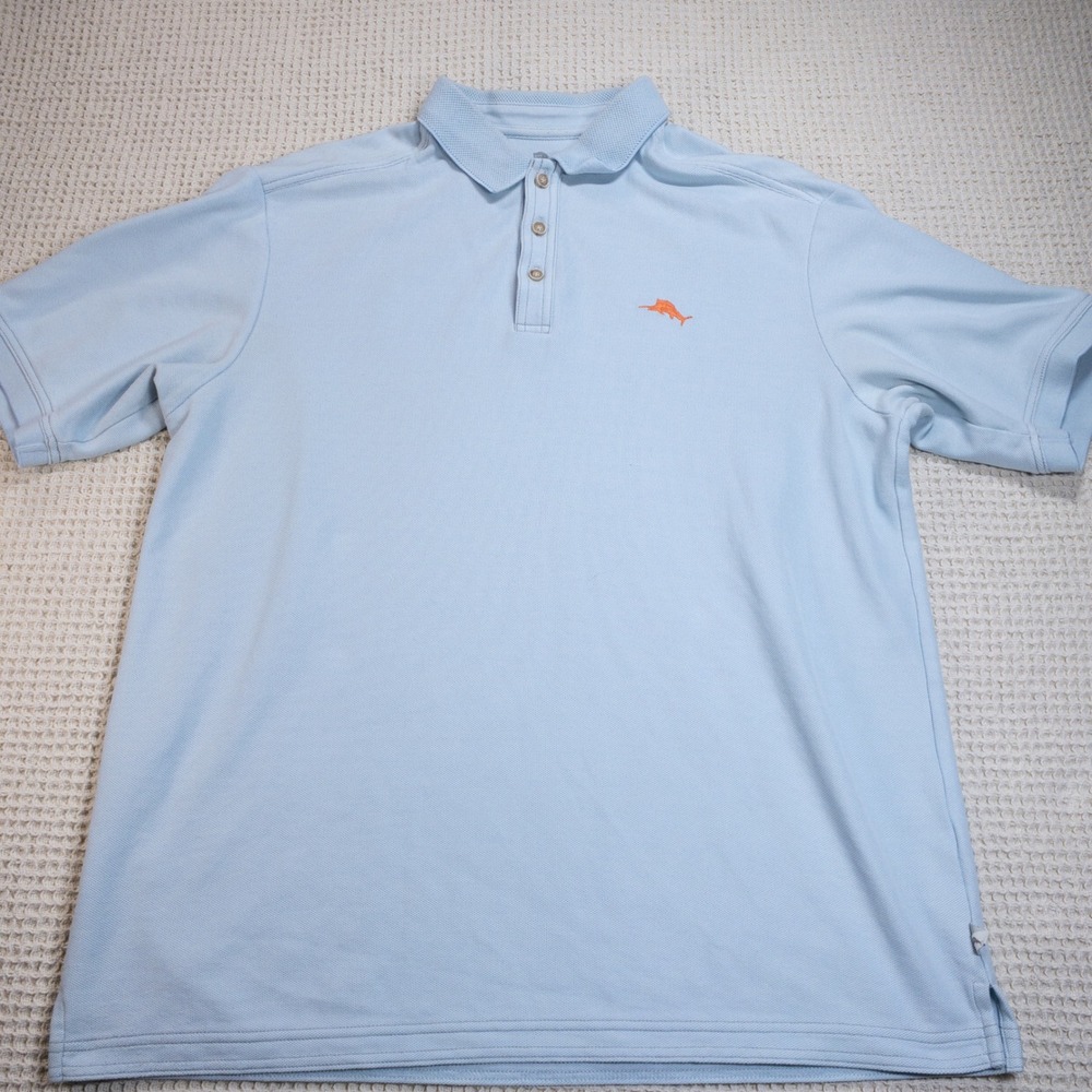 Tommy Bahama Mens Large Blue Supima Cotton Blend Short Sleeve Polo Shirt Marlin